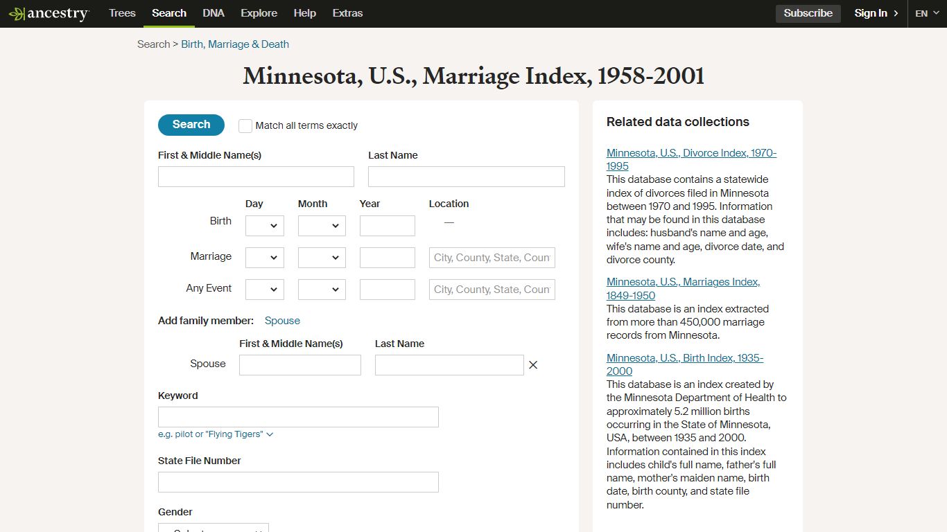 Minnesota, U.S., Marriage Index, 1958-2001 - Ancestry.com