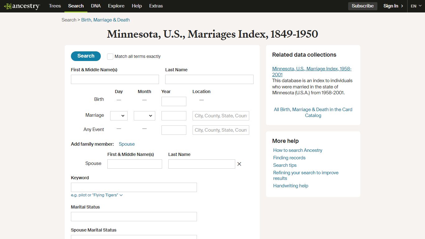 Minnesota, U.S., Marriages Index, 1849-1950 - Ancestry